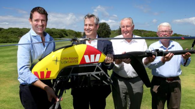 Premier Mike Baird with Westpac CEO Brian Hartzer, Kevin Weldon and Tony Haven and the Westpac "Little Ripper" drone Picture: Gregg Porteous