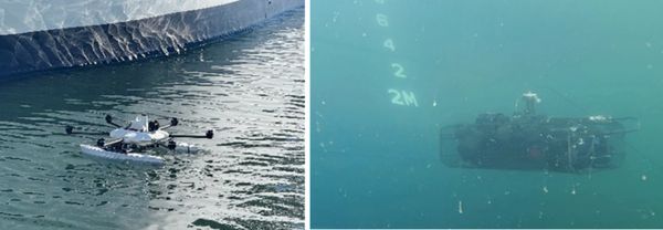 Ship Bottom Inspection Using Water-Air Integrated Drone