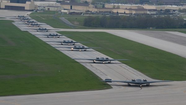 12 B-2s Conduct Massive Fly-Off, Elephant Walk