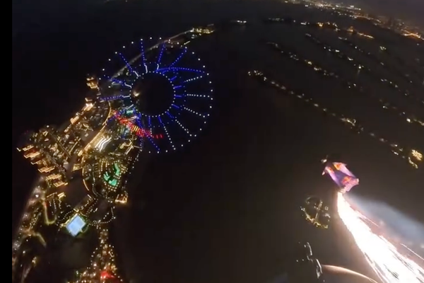 Skydiver POV Through Red Bull Can Made of 600 Drones in Dubai