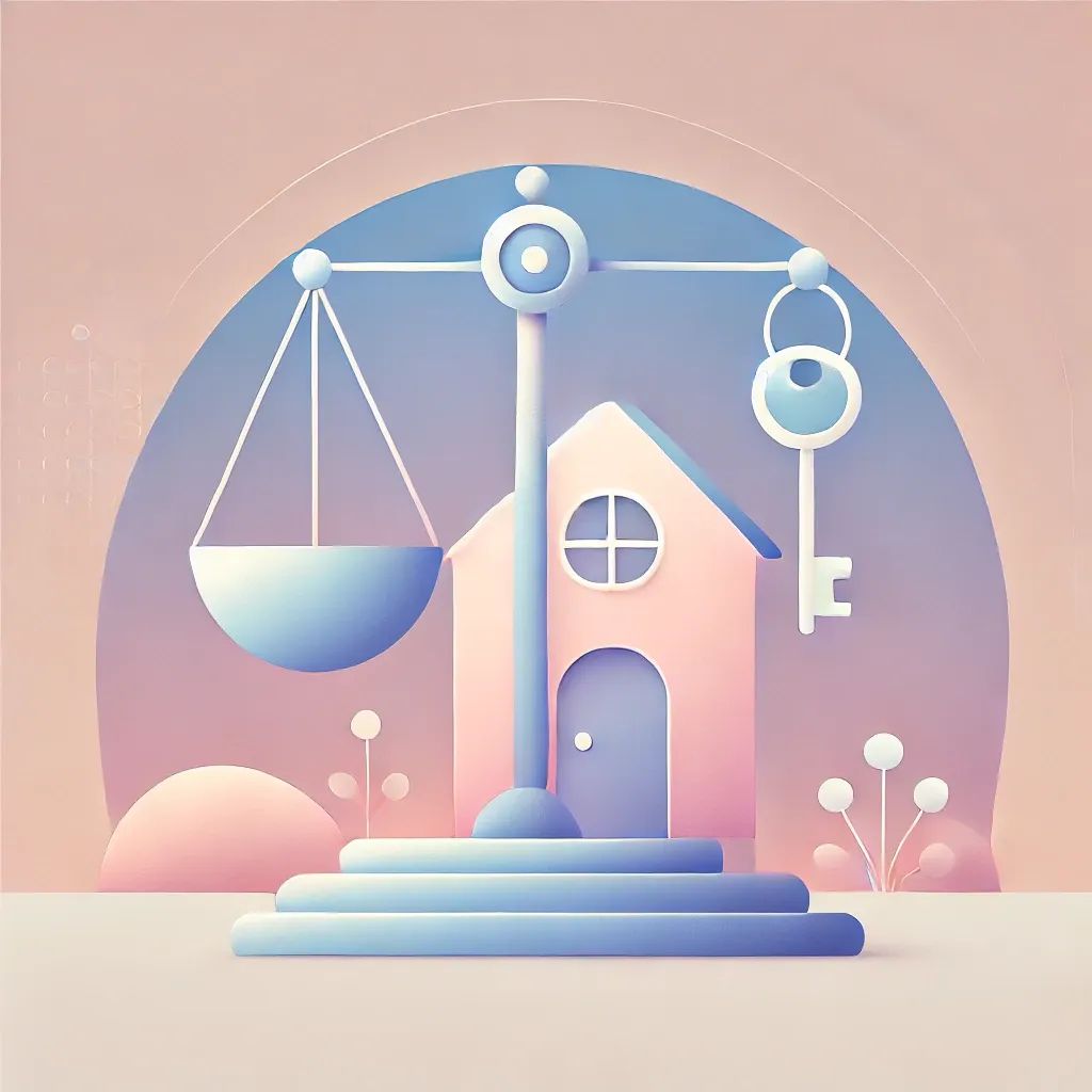 Imagen ilustrativa: casa, llaves, balanza de justicia - Para qué sirve una póliza jurídica