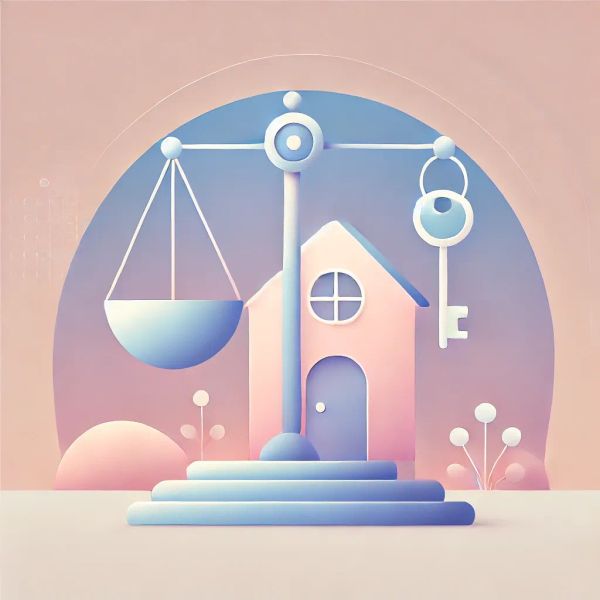 Imagen ilustrativa: casa, llaves, balanza de justicia - Para qué sirve una póliza jurídica