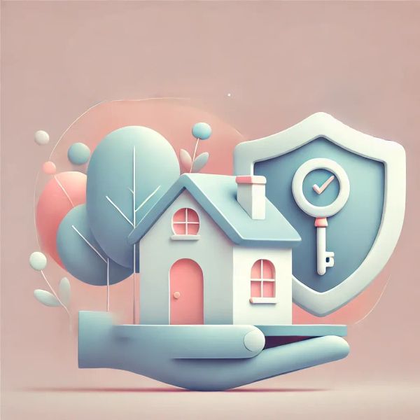 Imagen ilustrativa: casa, escudo, llaves- Cómo funciona una póliza jurídica de arrendamiento