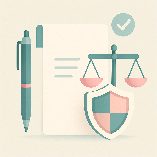 Ilustración: contrato, pluma, balanza de la justicia y escudo, simboliza póliza jurídica de arrendamiento con previsión legal