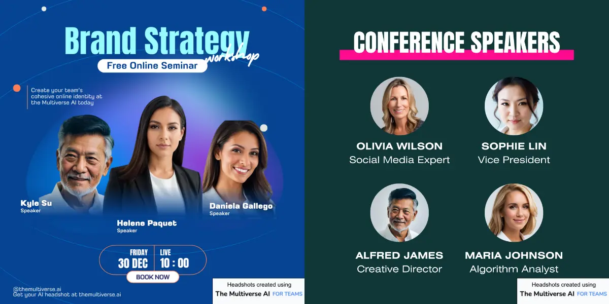 Samples: AI-generated meet the team galleries, events, keynote speaker flyers, and more. All created with the Multiverse AI for Teams