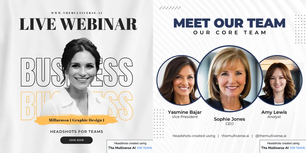 Samples: AI-generated meet the team galleries, events, keynote speaker flyers, and more. All created with the Multiverse AI for Teams