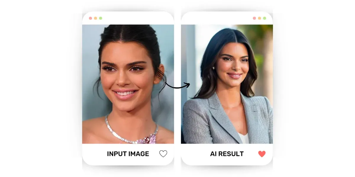 image shows Kendall Jenner on the left and an AI generated version of her on the right to show the power of AI headshot generators.