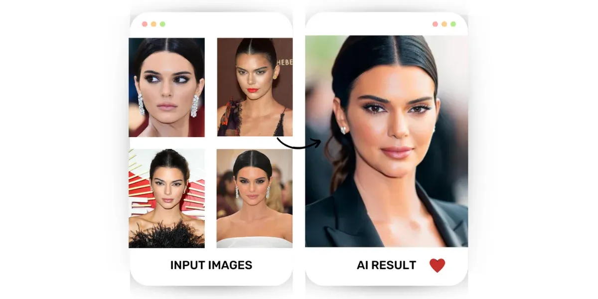image shows an excellent AI generated image of Kendall Jenner, which is a result of a very good selection of input images