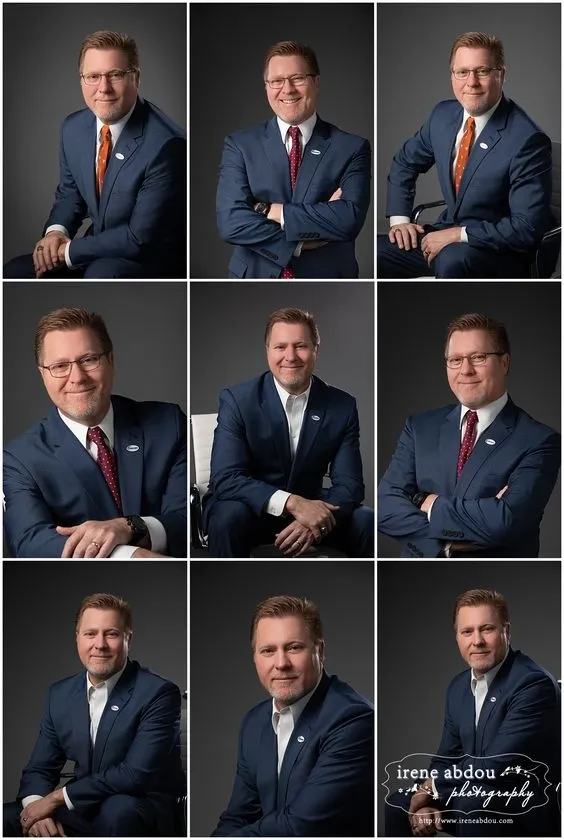 Real estate agent in a studio headshot poses examples for men