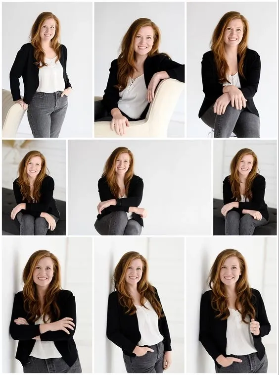 Real estate agent in a studio headshot poses examples for women