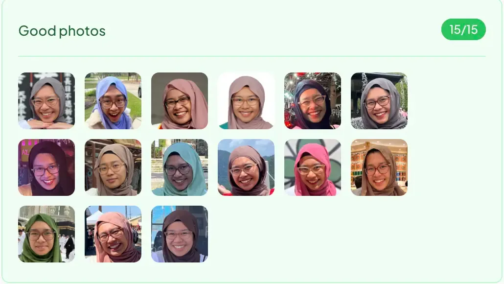 A screenshot of 15 images of the user, uploaded to Aragon AI.