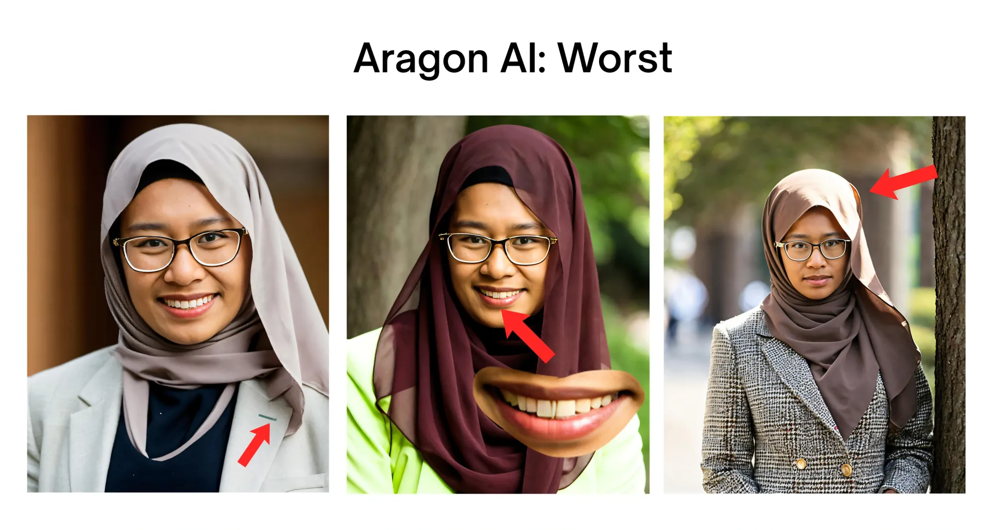 Three of the worst headshots generated by Aragon AI.