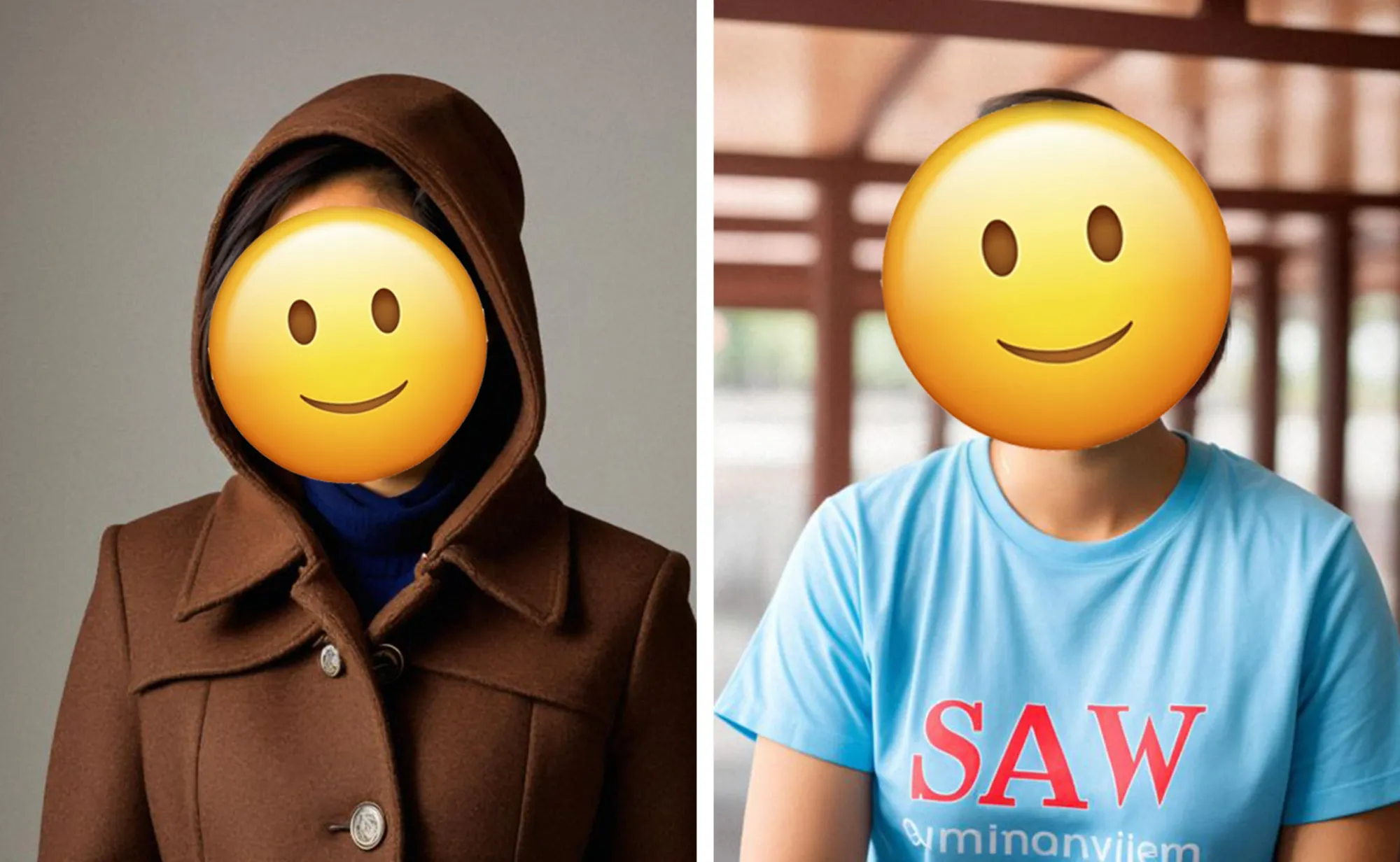 AI-generated photos of the user in a wool coat with the hoodie up (left) and the user in a T-shirt (right).