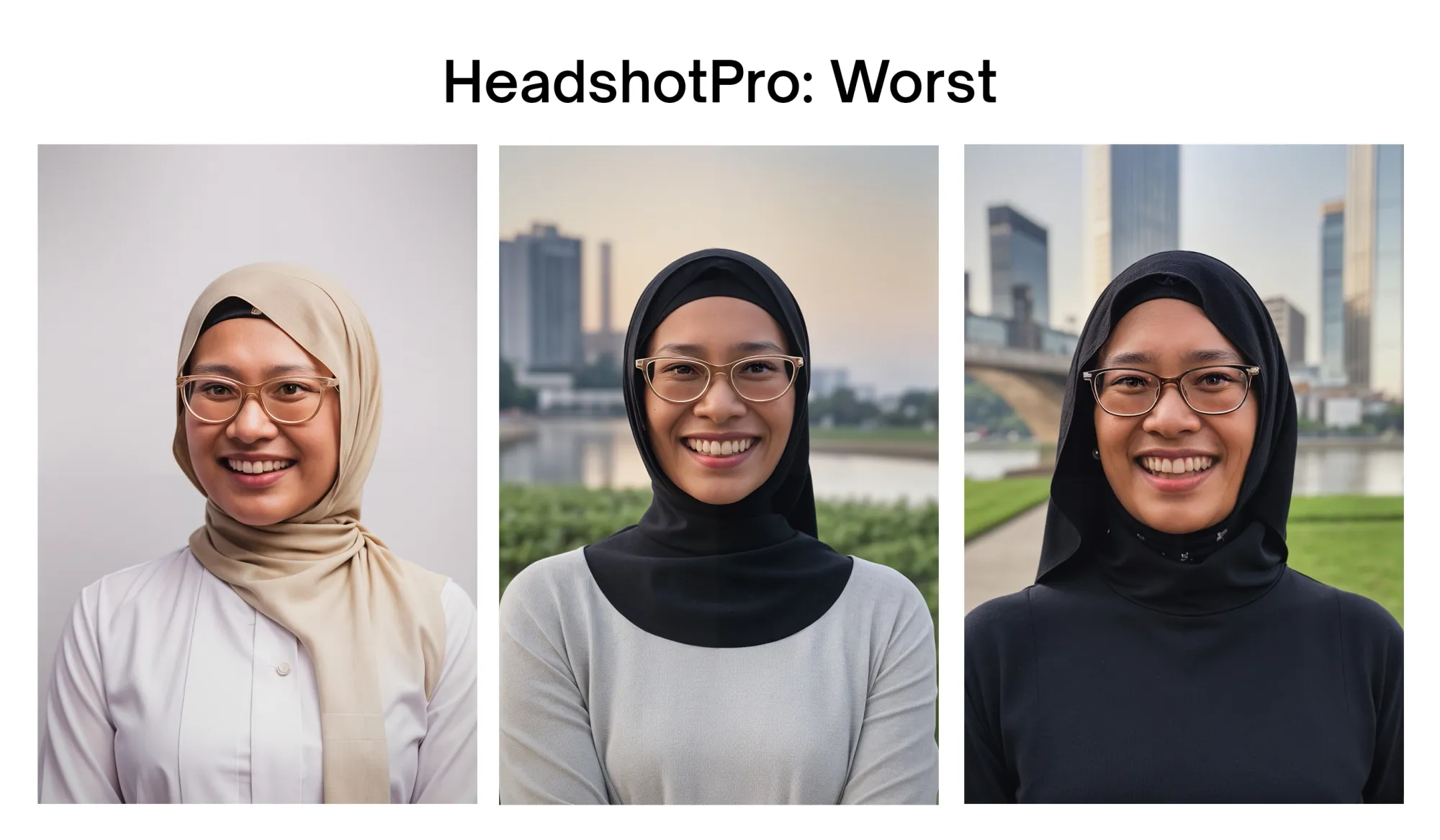 Three of the worst AI headshots generated by HeadshotPro.