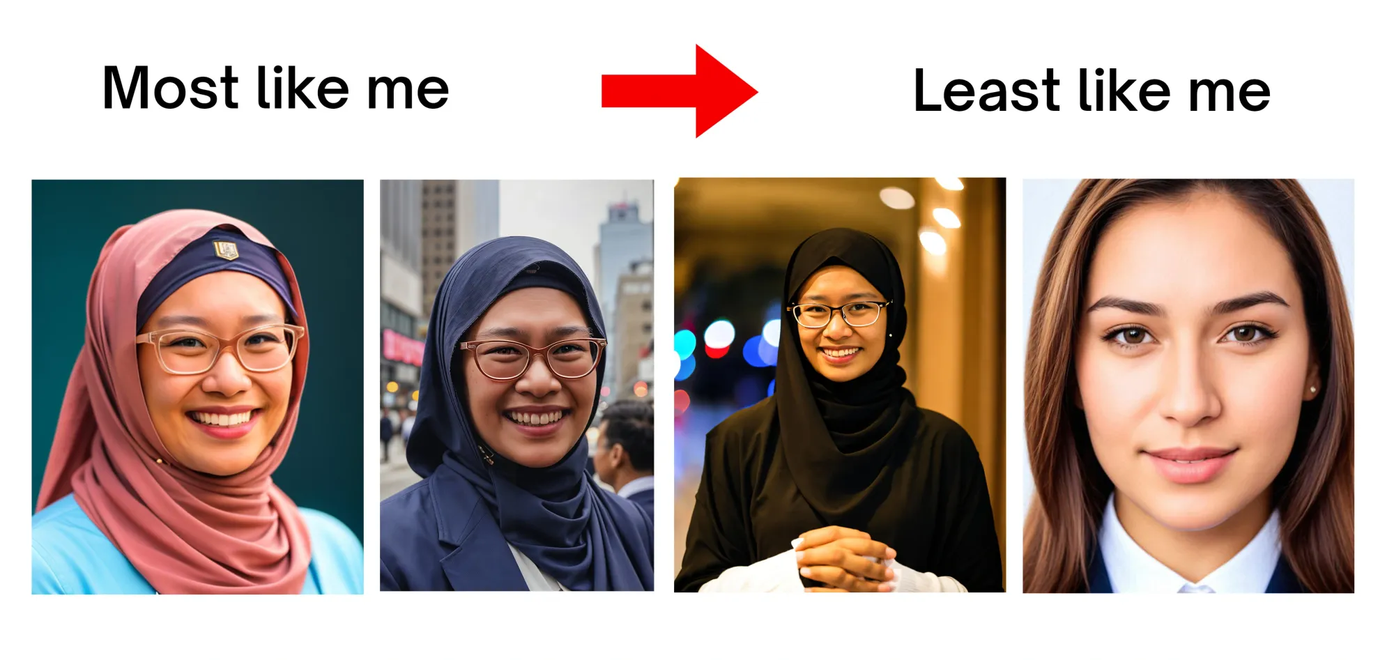 Four AI-generated headshots created using four different websites, ranked from "most like me" to "least like me."