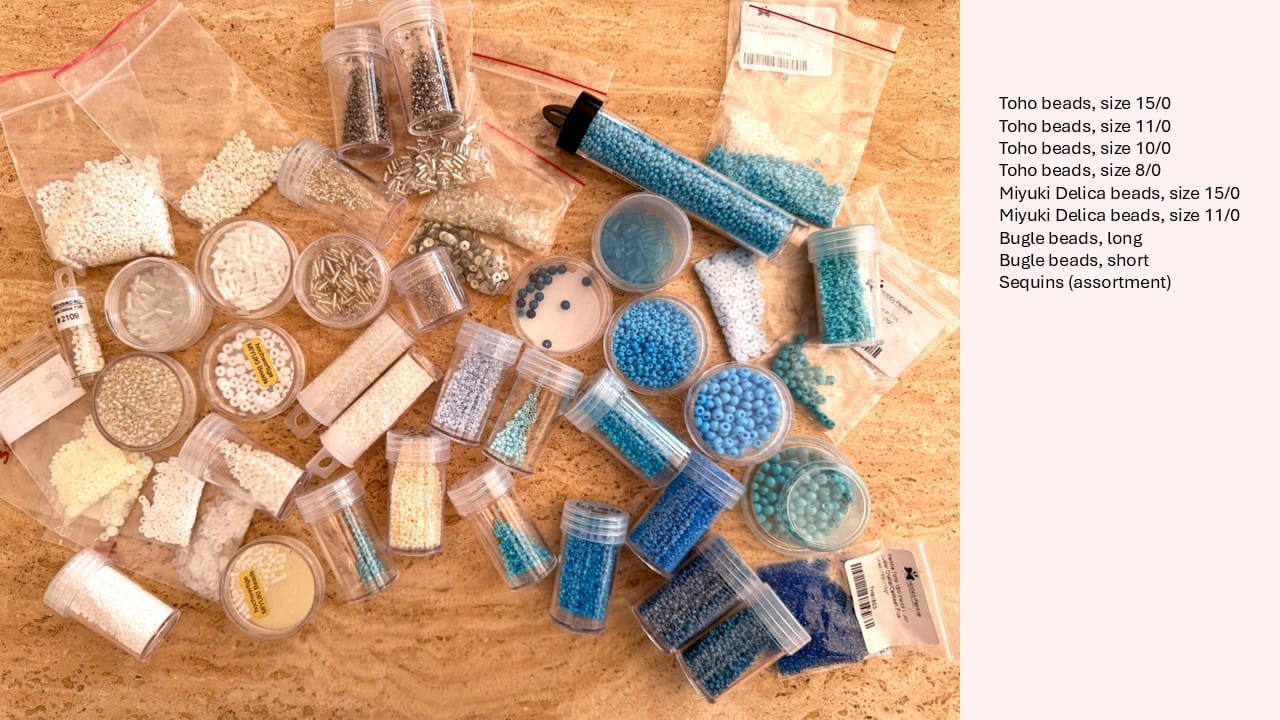 Materials: variety of beads, sequins and bugle beads in white and blue hues
