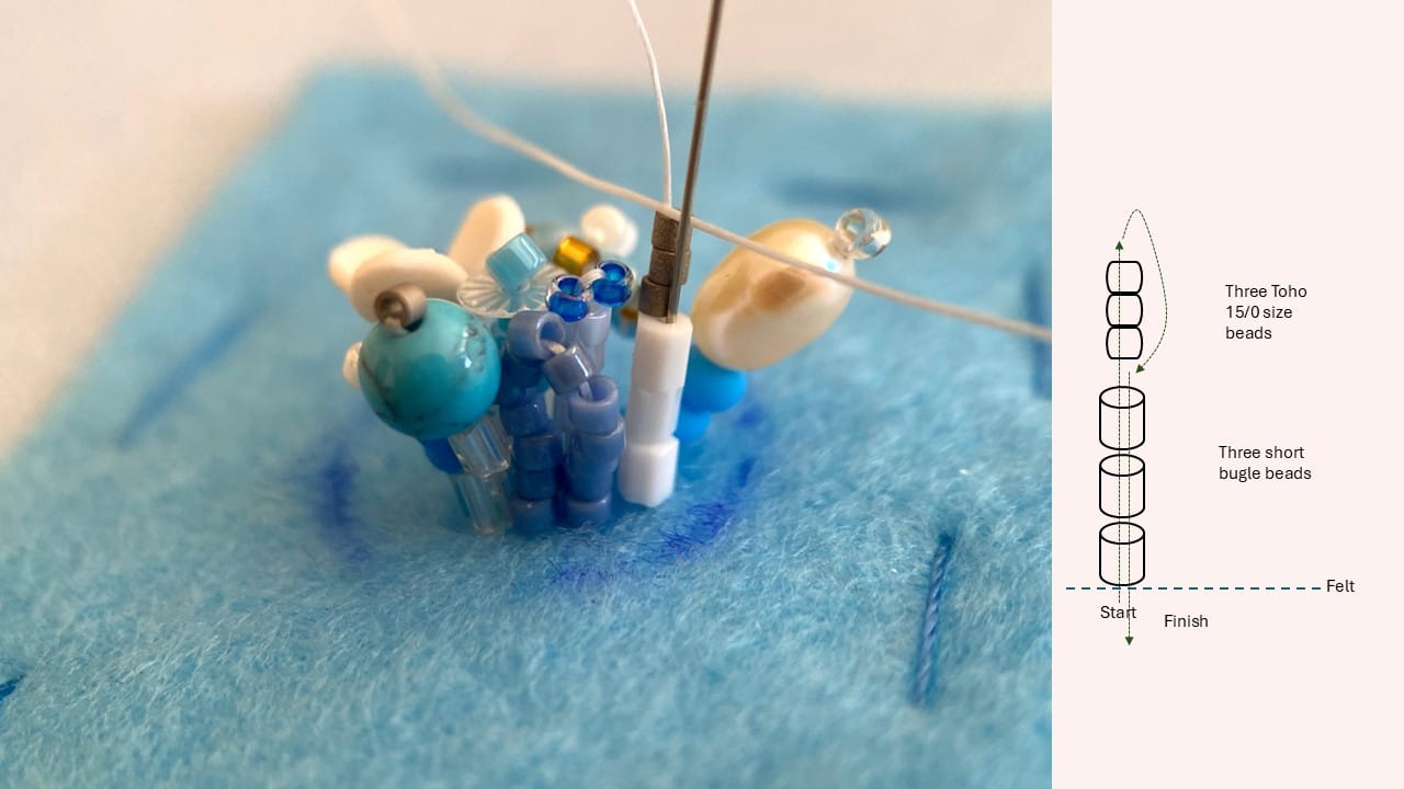 The beaded element consists of three hexagon beads, and three Toho beads size 15/0