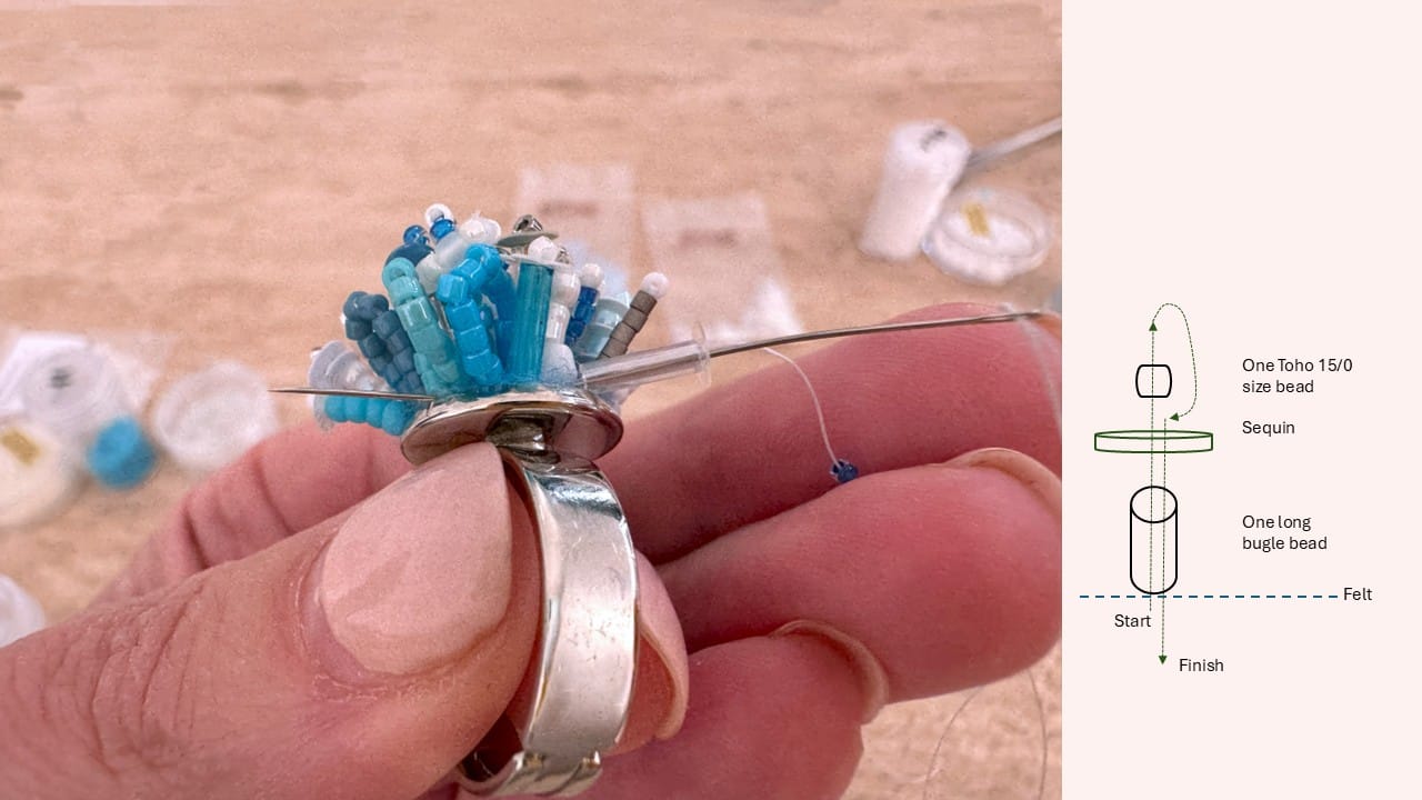 The beaded element consists of a bugle bead, a sequin, and a Toho bead