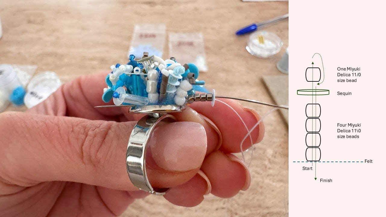 The beaded element consists of four Miyuki Delica beads, a sequin, and one more Delica