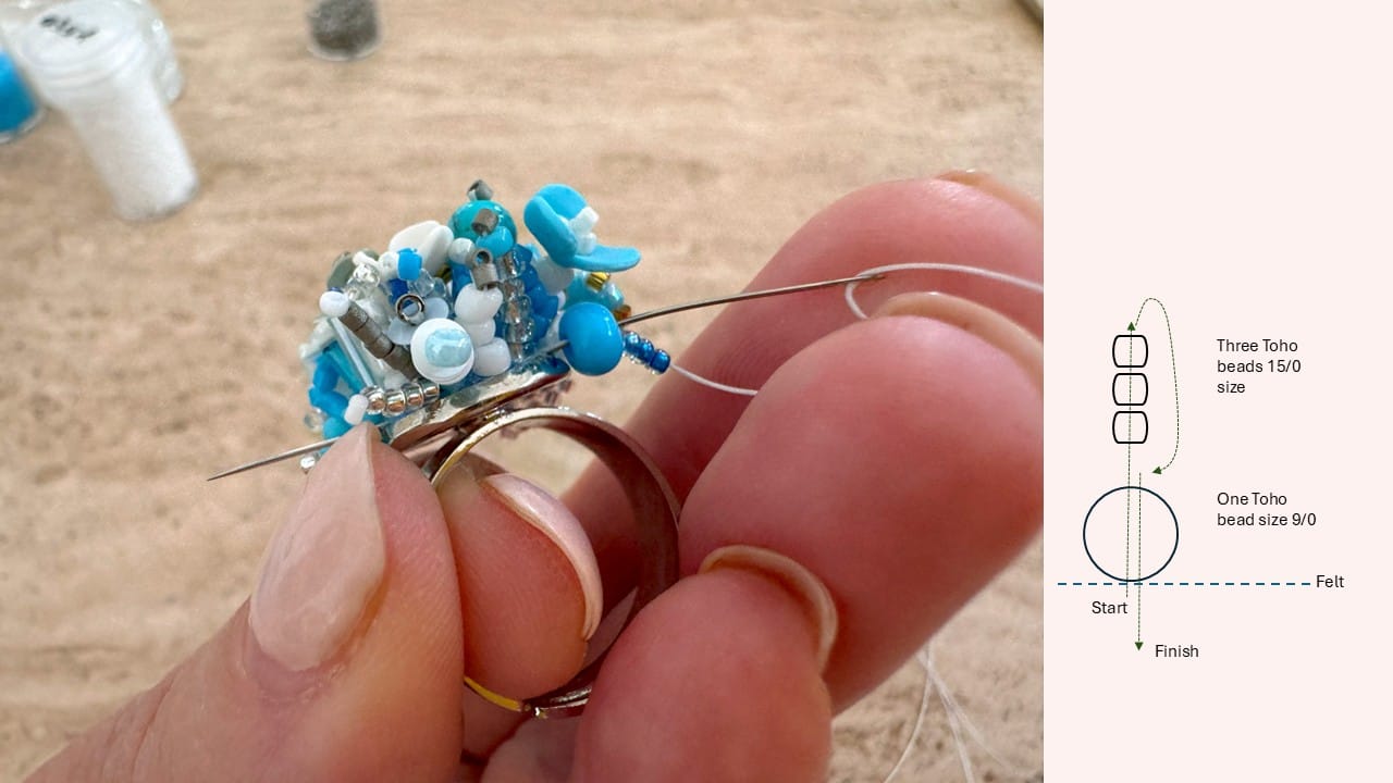 The beaded element consists of one big Toho bead size 9/0, and three Toho bead size 15/0