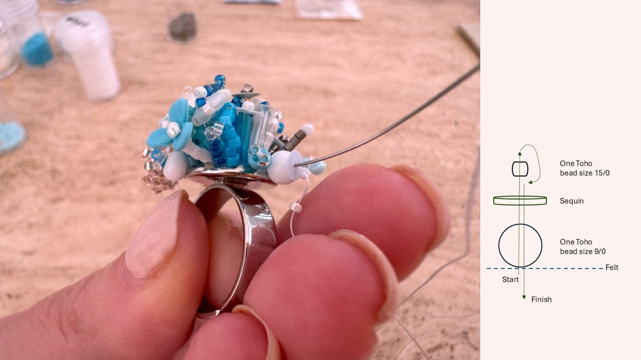 The beaded element consists of one big Toho bead size 9/0, a sequin, and a small Toho bead