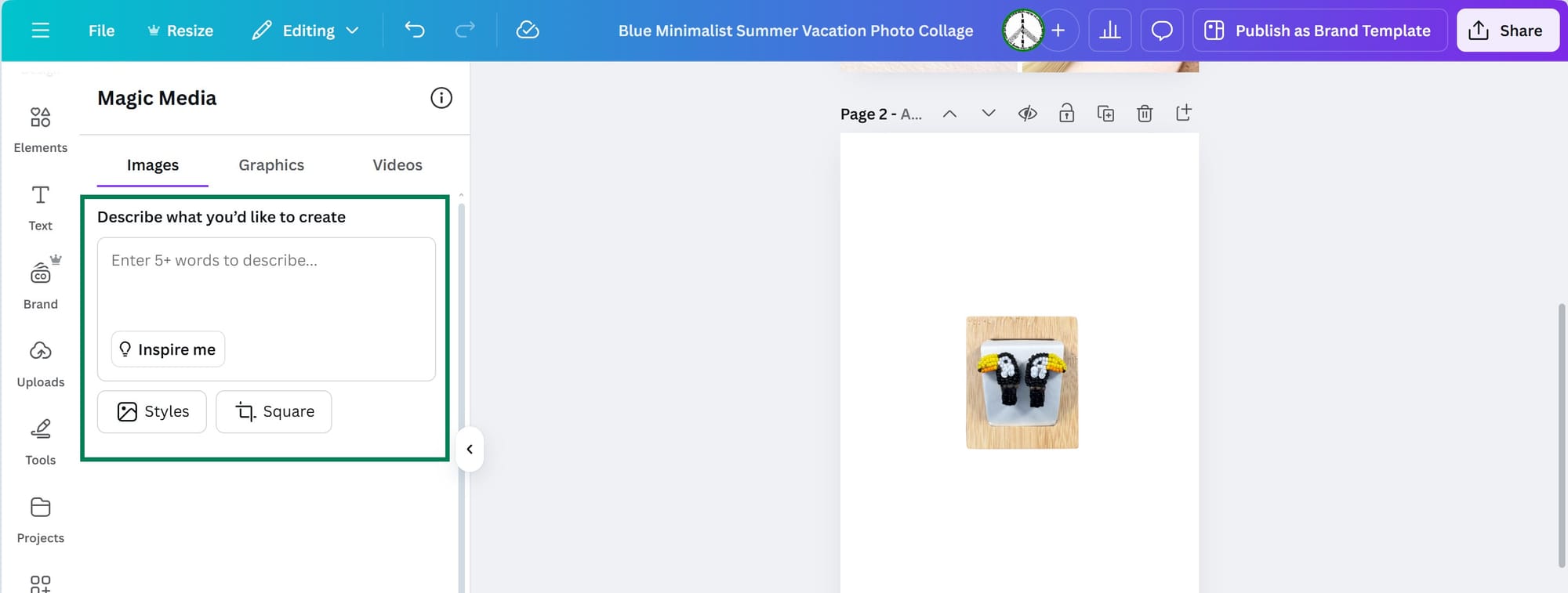 Canva interface: menu for the creative prompt.