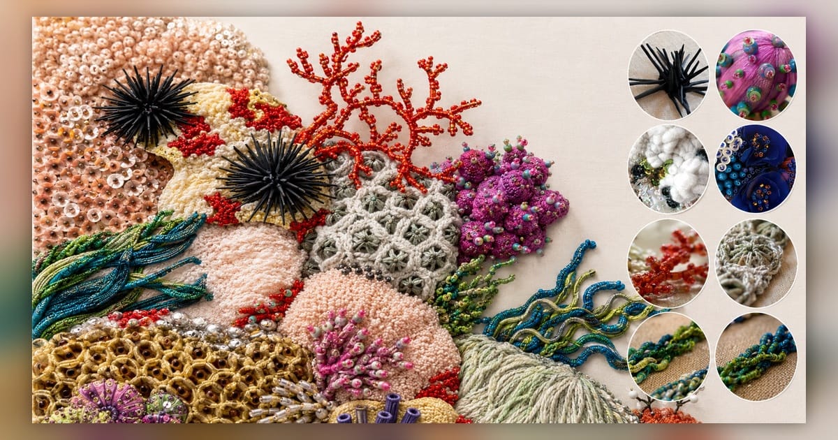 Three-dimensional embroidered coral reef with beaded corals, textured rocks, seaweed and black sea urchins.