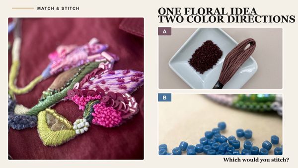 Floral embroidery beside two material directions: muted mauve thread and beads and vivid blue beads.