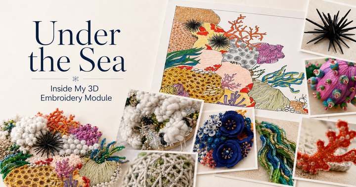Three-dimensional embroidered coral reef with beaded corals, textured rocks, seaweed and black sea urchins.
