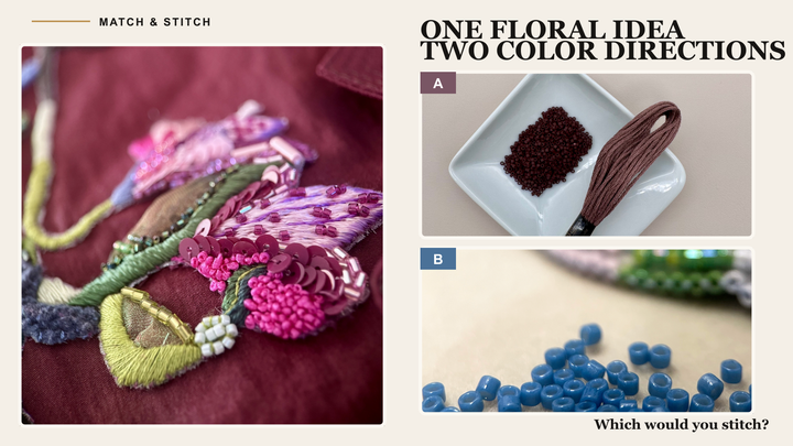Floral embroidery beside two material directions: muted mauve thread and beads and vivid blue beads.