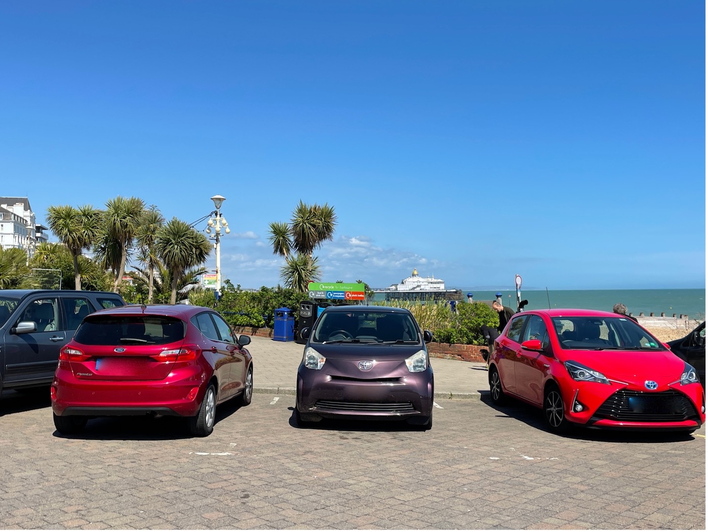 Cars parked near Wish Tower Eastbourne while cycling is banned on the seafront
