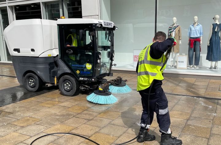 New paving in town centre scrubbed clean
