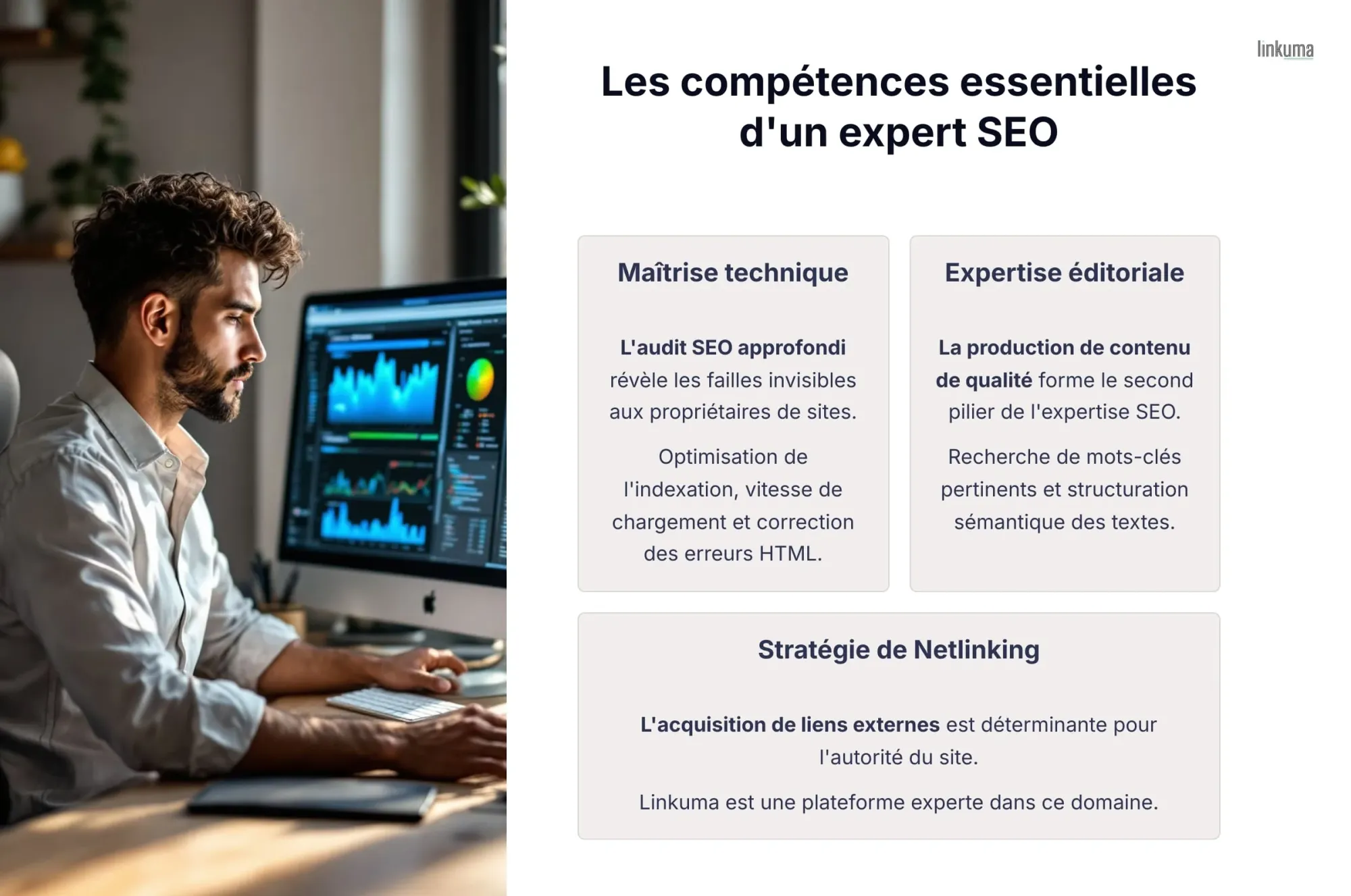 Une infographie qui montre les compétences essentielles d'un expert SEO