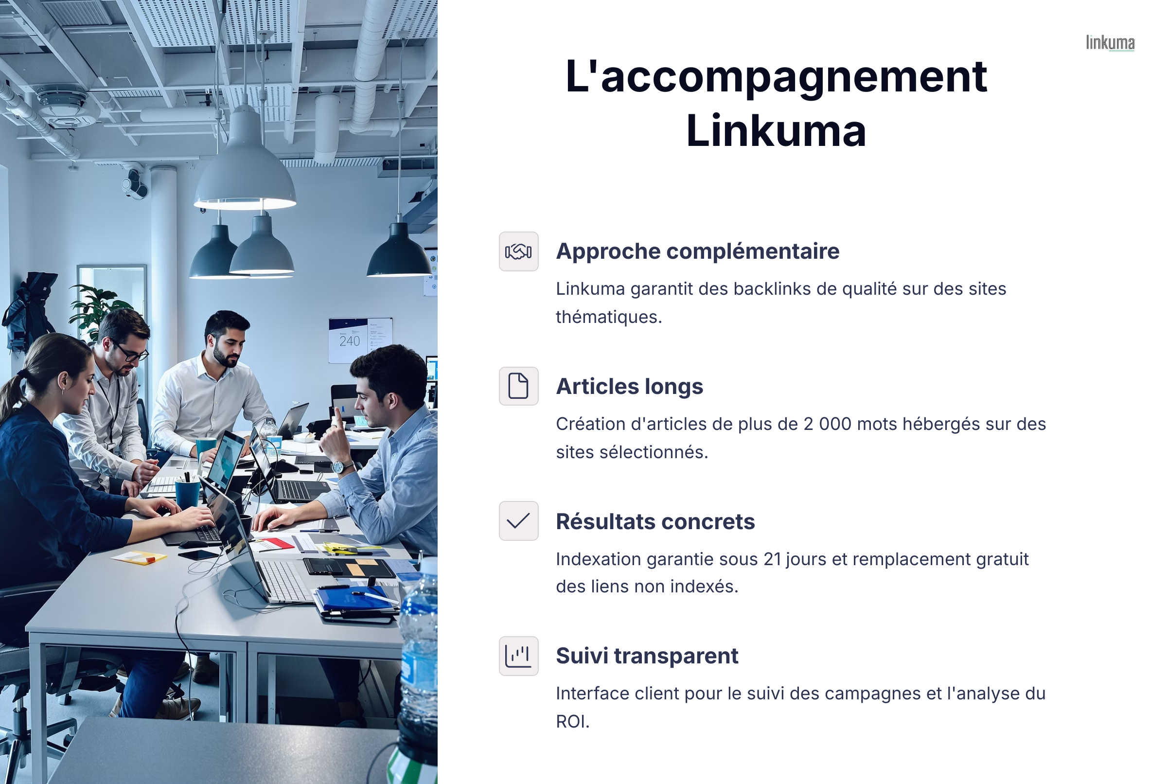 Une infographie qui montre l'accompagnement Linkuma à propos du linkbait