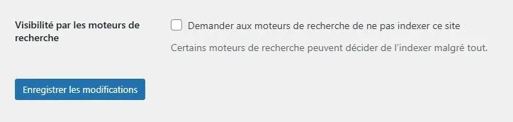 Une capture d'écran d'une option dans WordPress qui permet de demander au moteur de recherche de ne pas indexer un site