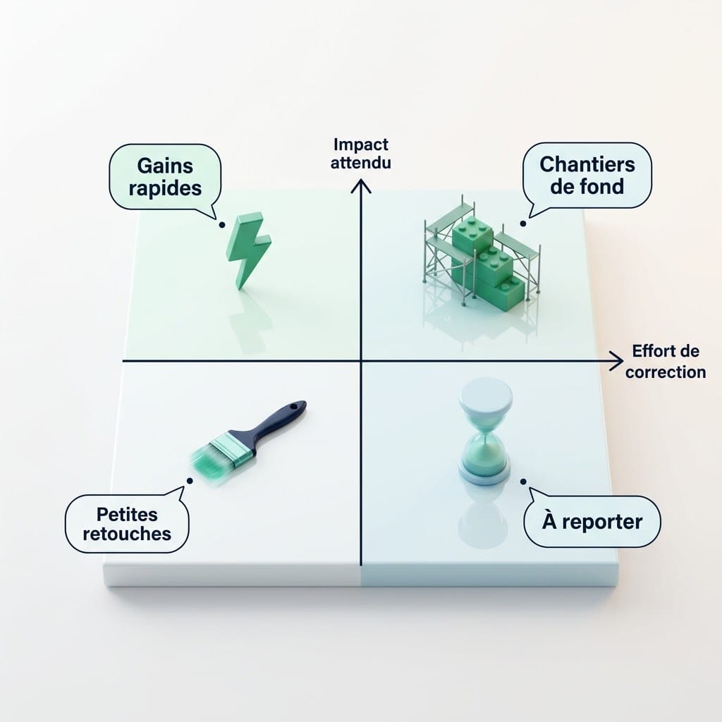 Matrice impact et effort pour classer les constats d’un pré-audit SEO en quatre familles d’actions