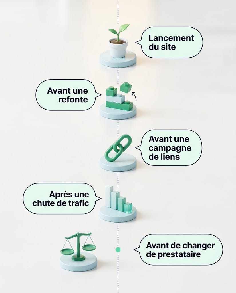 Les cinq moments où lancer un pré-audit SEO, du lancement du site au changement de prestataire