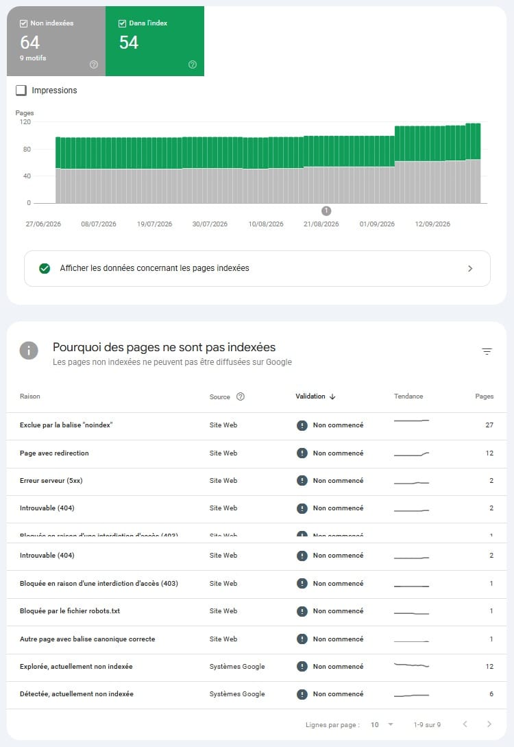 Rapport Pages de la Google Search Console, avec les pages indexées et les raisons de non-indexation