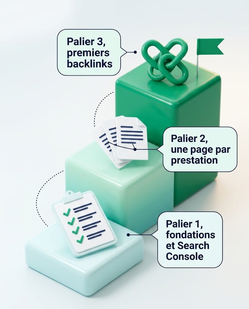 Feuille de route du référencement d’une PME en 90 jours, avec les fondations au palier 1, les pages au palier 2 et les backlinks au palier 3