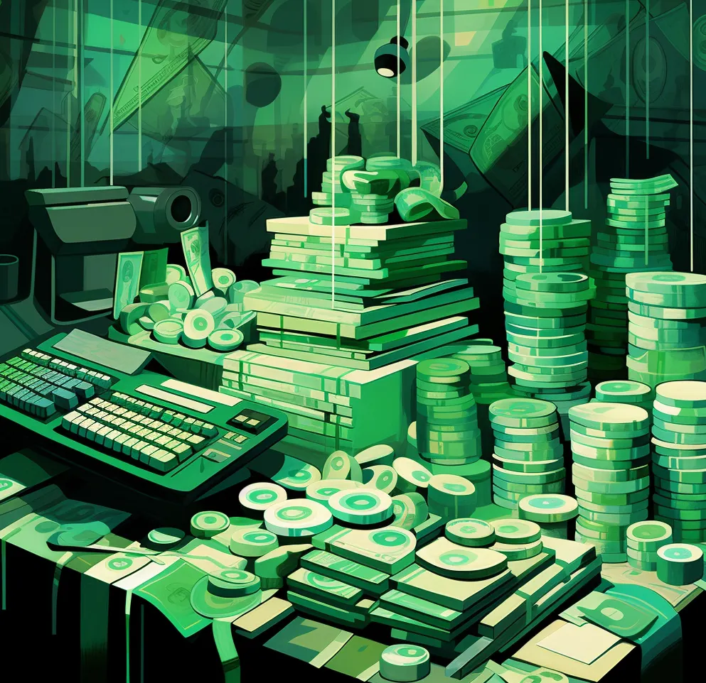 Surreal digital illustration of a cluttered desk covered in green-toned cash, coins, and financial tools, symbolizing revenue, wealth, and business complexity.