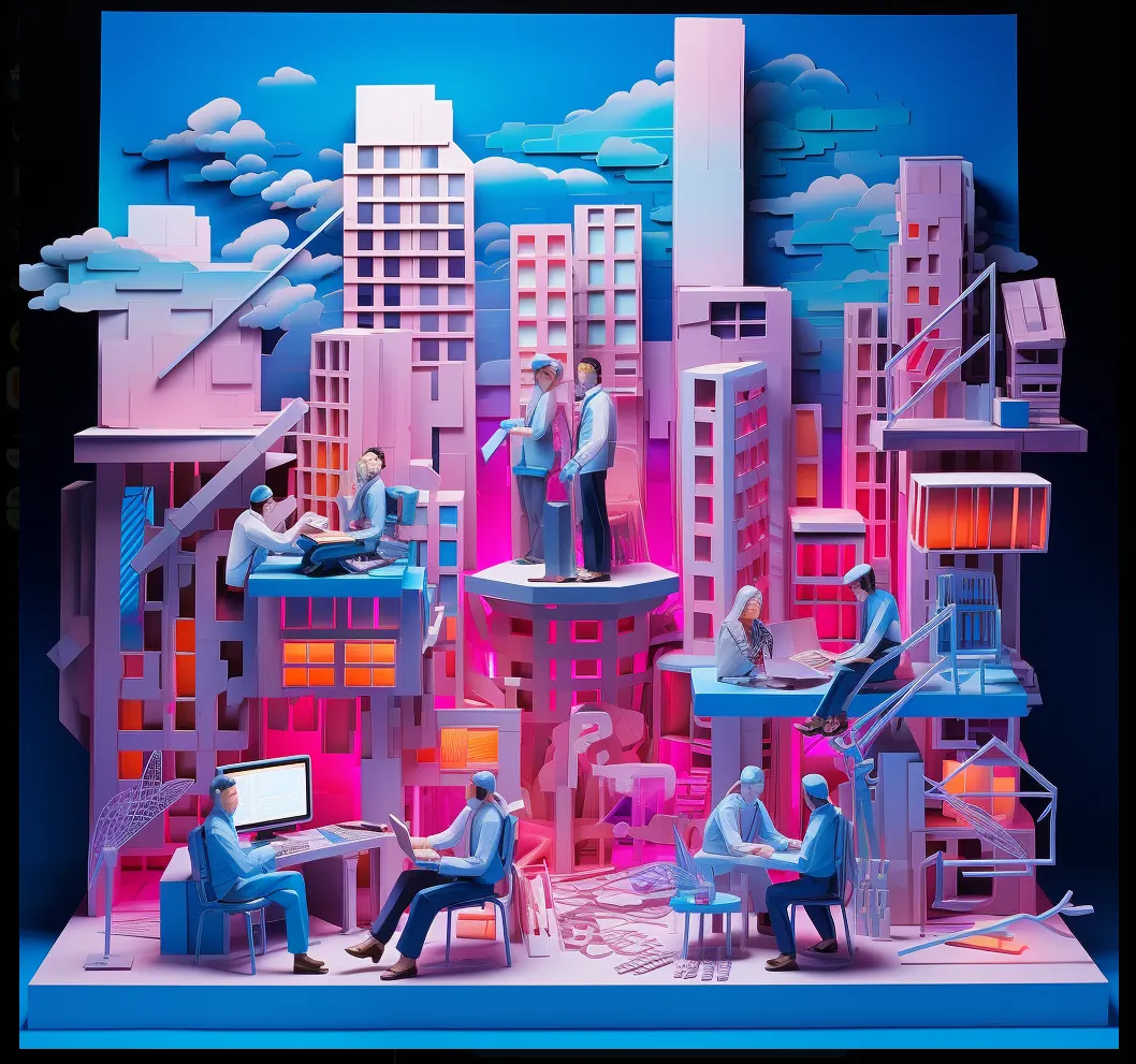 Paper-craft cityscape with professionals collaborating across platforms and buildings, symbolizing communication, teamwork, and layered organizational dynamics.