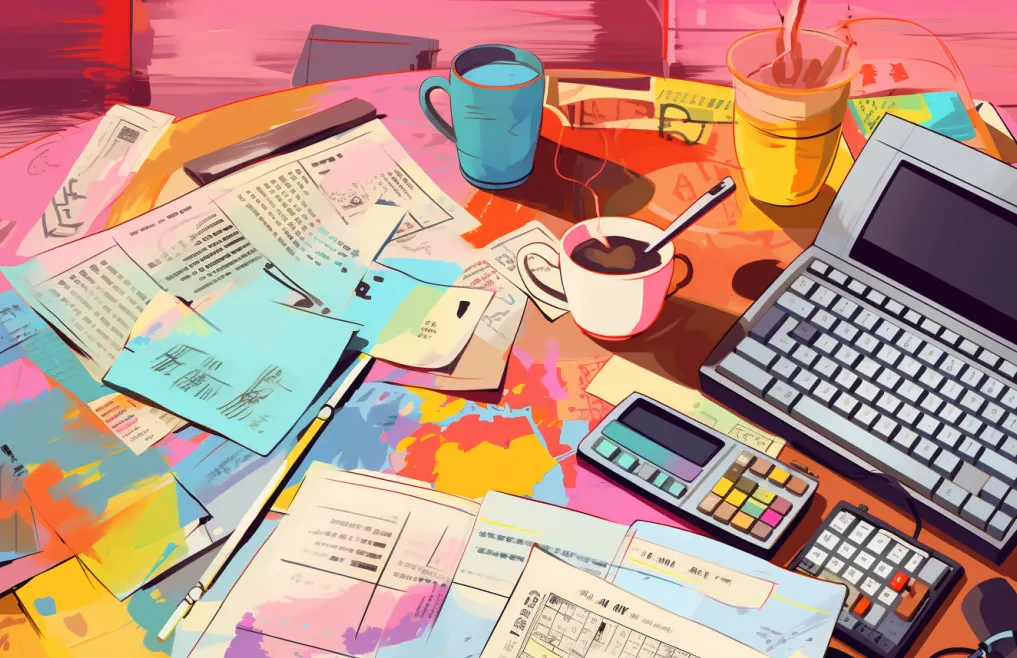 Colorful desk with paperwork, coffee cups, a calculator, and a laptop, symbolizing the creative and financial side of freelance change management work.