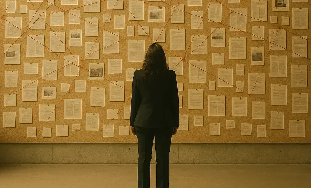 A professional stands in front of a corkboard filled with pinned documents, photos, and connecting strings, symbolizing influence mapping and organizational politics.