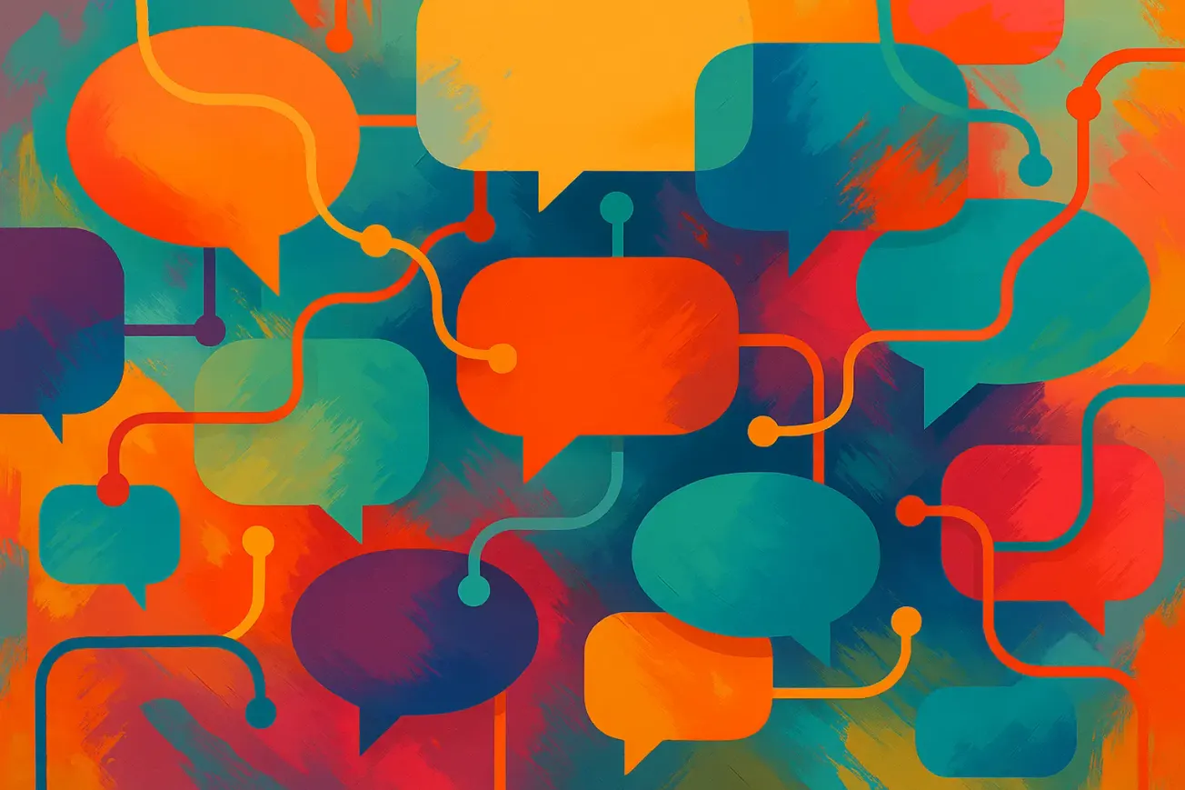 Abstract digital artwork of overlapping colorful circles and geometric shapes symbolizing ideas, connection, and shared learning in a collaborative environment.