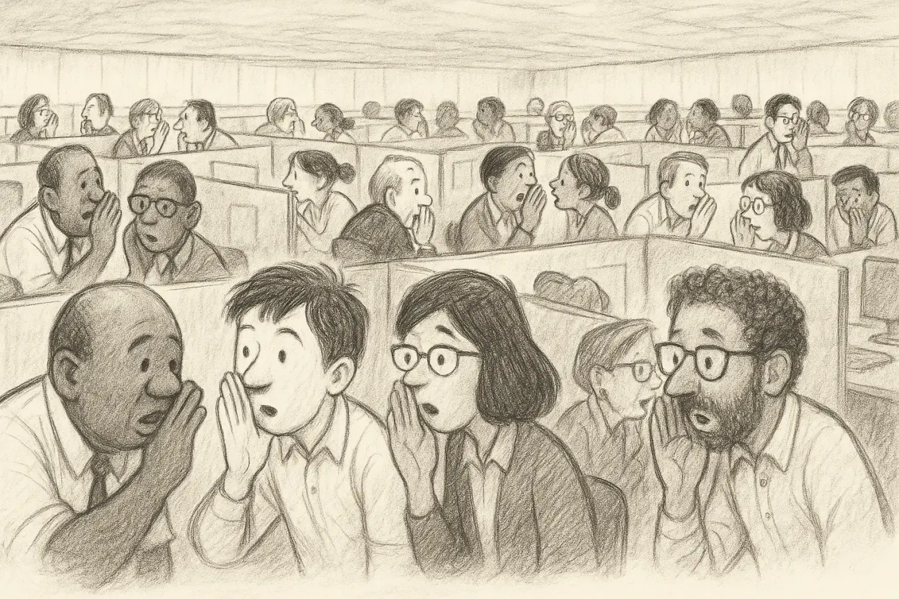 A pencil-style illustration in the mid-century children's book tradition shows a large office filled with cubicles.