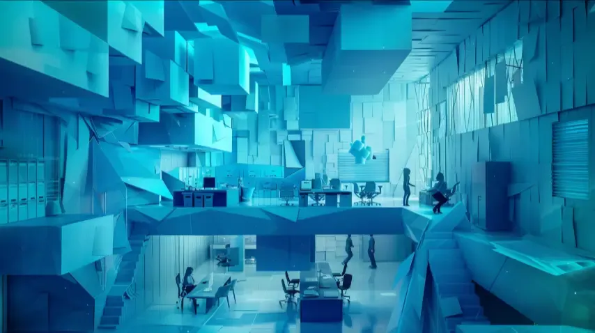 Futuristic, abstract office space with multiple workstations and levels, symbolizing an AI-powered Chief of Staff organizing complex tasks and information.