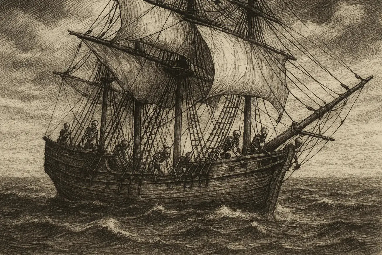 A vintage-style illustration of a tall ship sailing rough seas, crewed entirely by human skeletons.