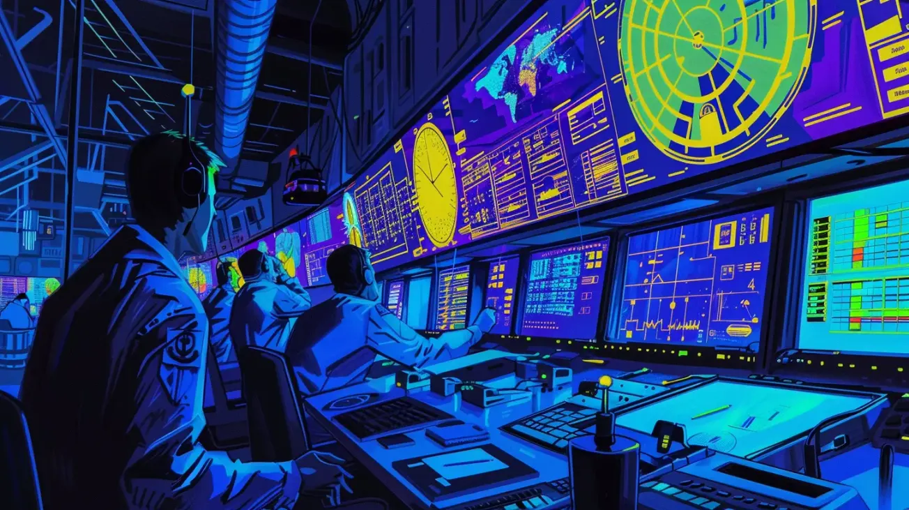 Illustration of a high-tech command center with analysts monitoring multiple glowing dashboards and data screens, evoking the intensity of data overload and decision-making under pressure.