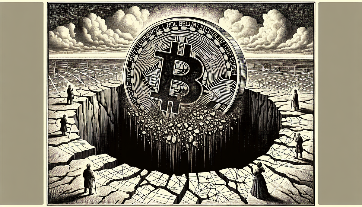 Victorian engraving illustration of a fractured bitcoin coin suspended over an abyss