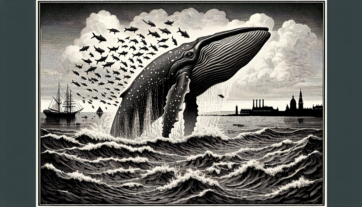 Victorian engraving of a massive whale breaching the ocean while smaller fish scatter below